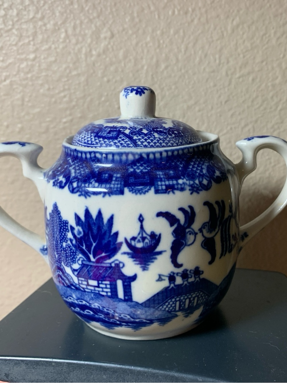 Japan Made Blue Willow Tea Or Sugar Caddy, 2 Handle